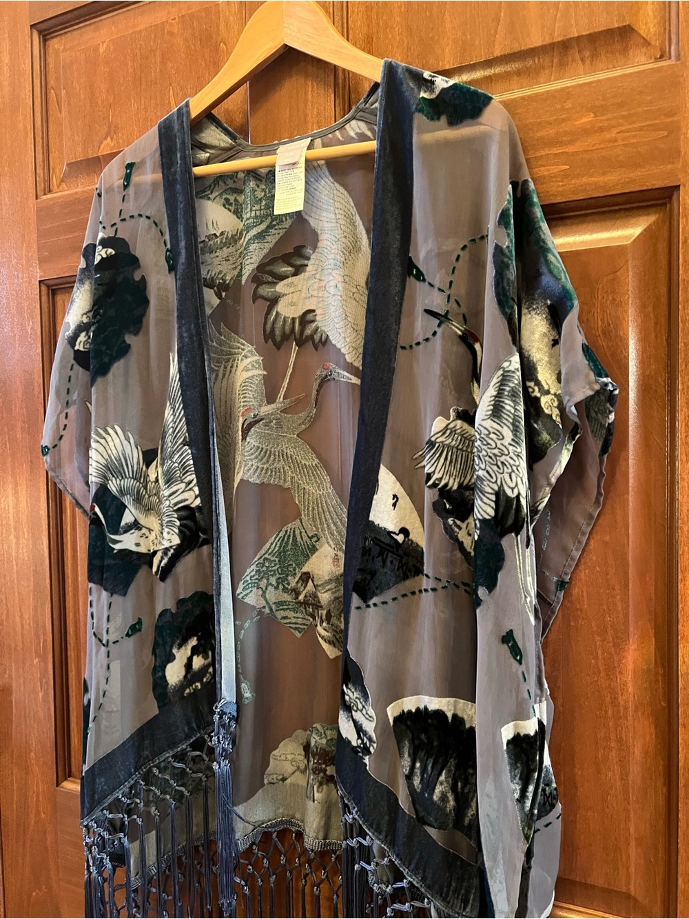 Chico's Kimono Burnout Velvet Open Front with Fringe Green Grey Size S/M - Picture 6 of 17